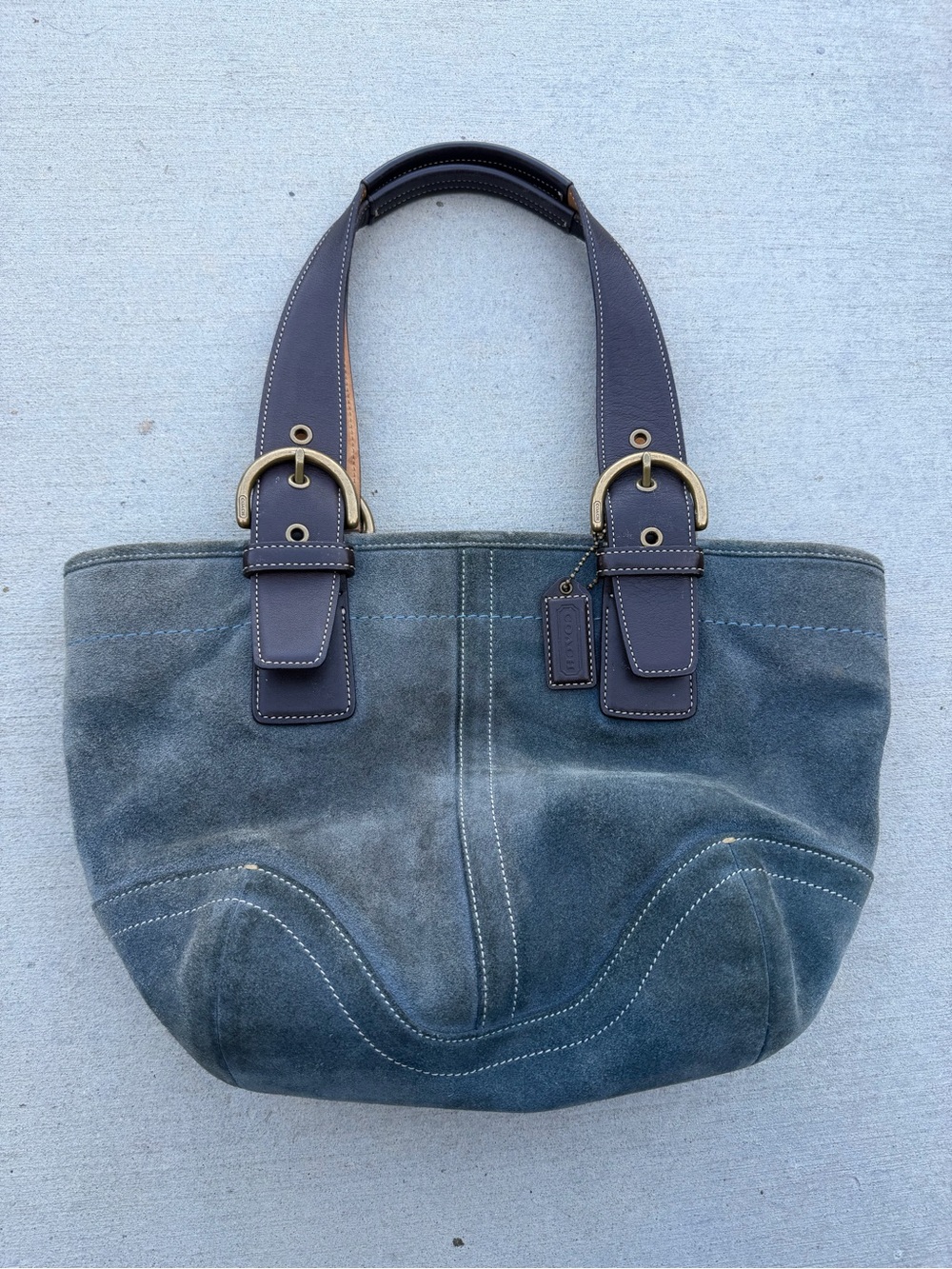 Vintage Y2K Coach Soho Suede Buckle Tote Bag Blue Grey 9522 Boho 2004